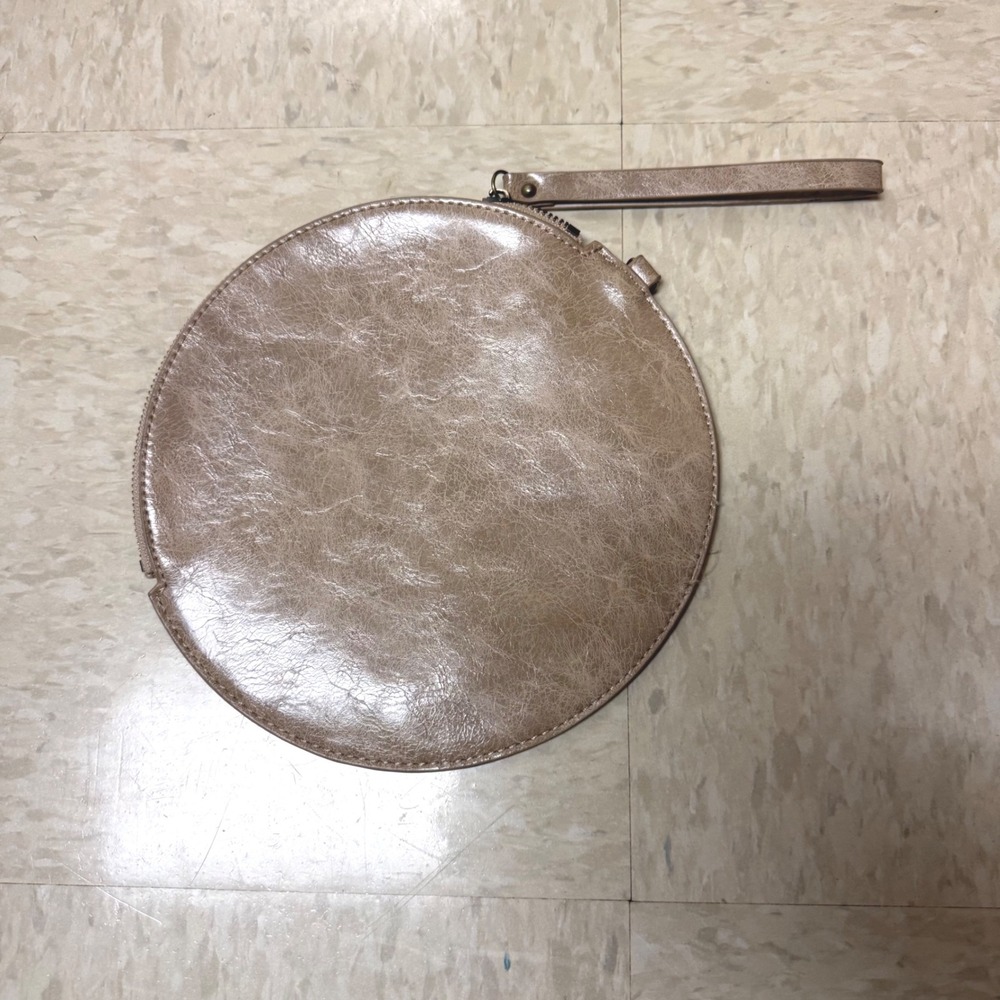 REMI/REID Distressed Taupe Leather Circular Wristlet Clutch Bag 9in